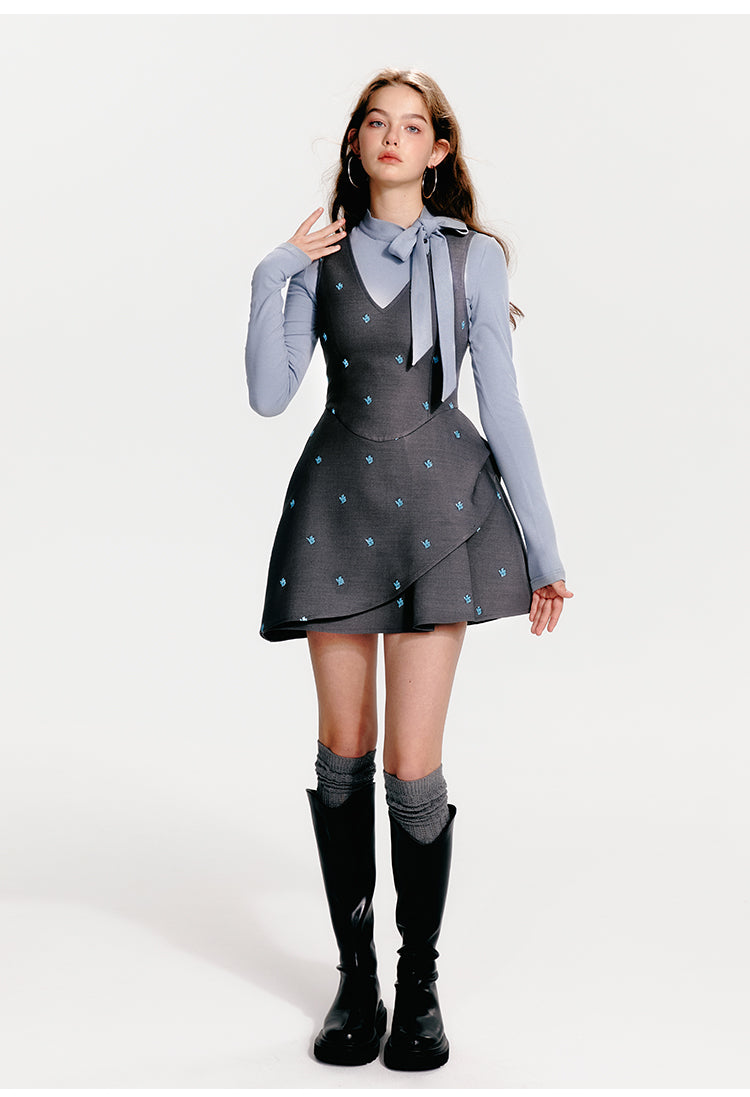 Embroidered V-Neck Sleeveless Structured Tulip Dress