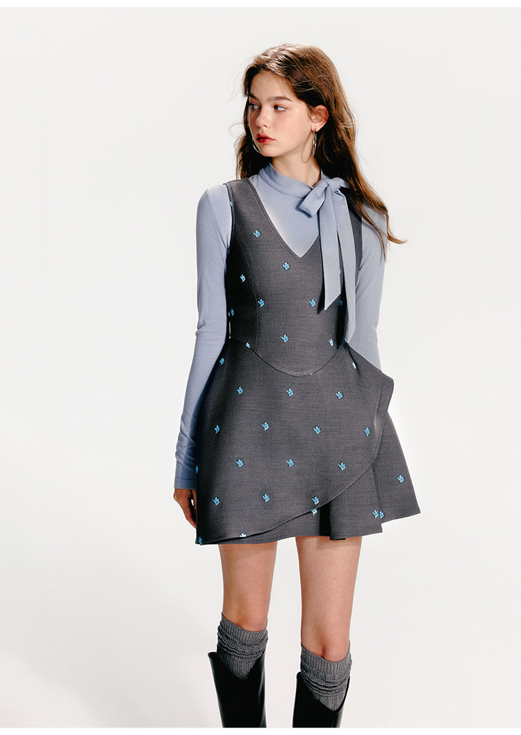 Embroidered V-Neck Sleeveless Structured Tulip Dress