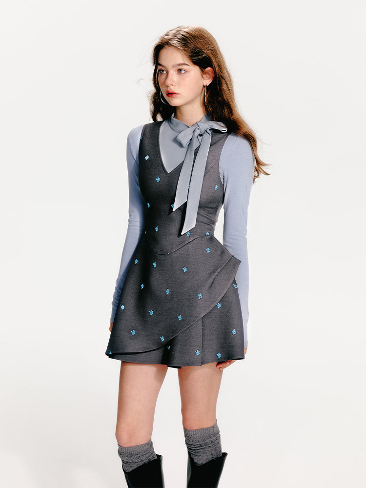 Embroidered V-Neck Sleeveless Structured Tulip Dress