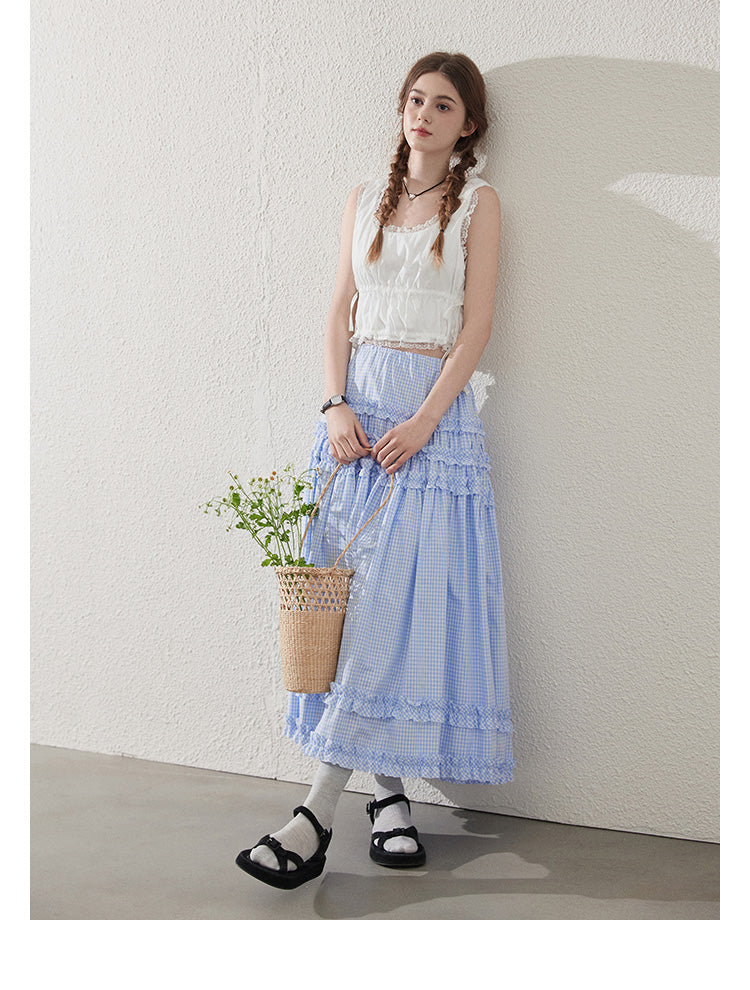 Lace Trimmed Sleeveless Ruched Crop Top