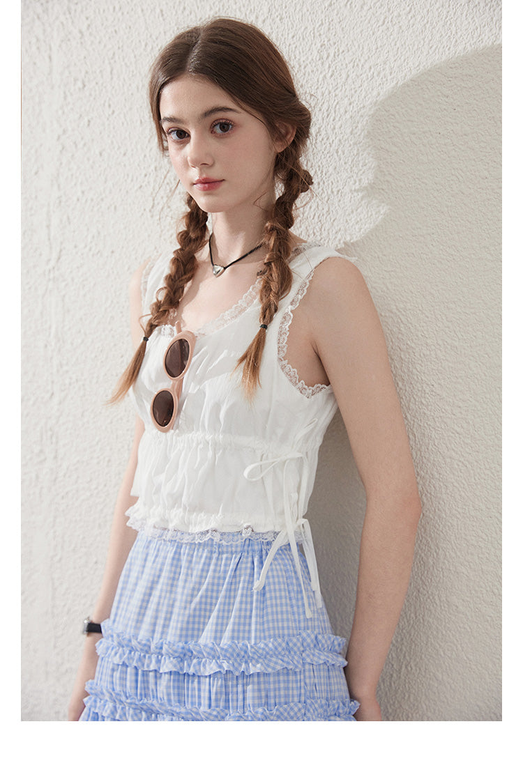 Lace Trimmed Sleeveless Ruched Crop Top
