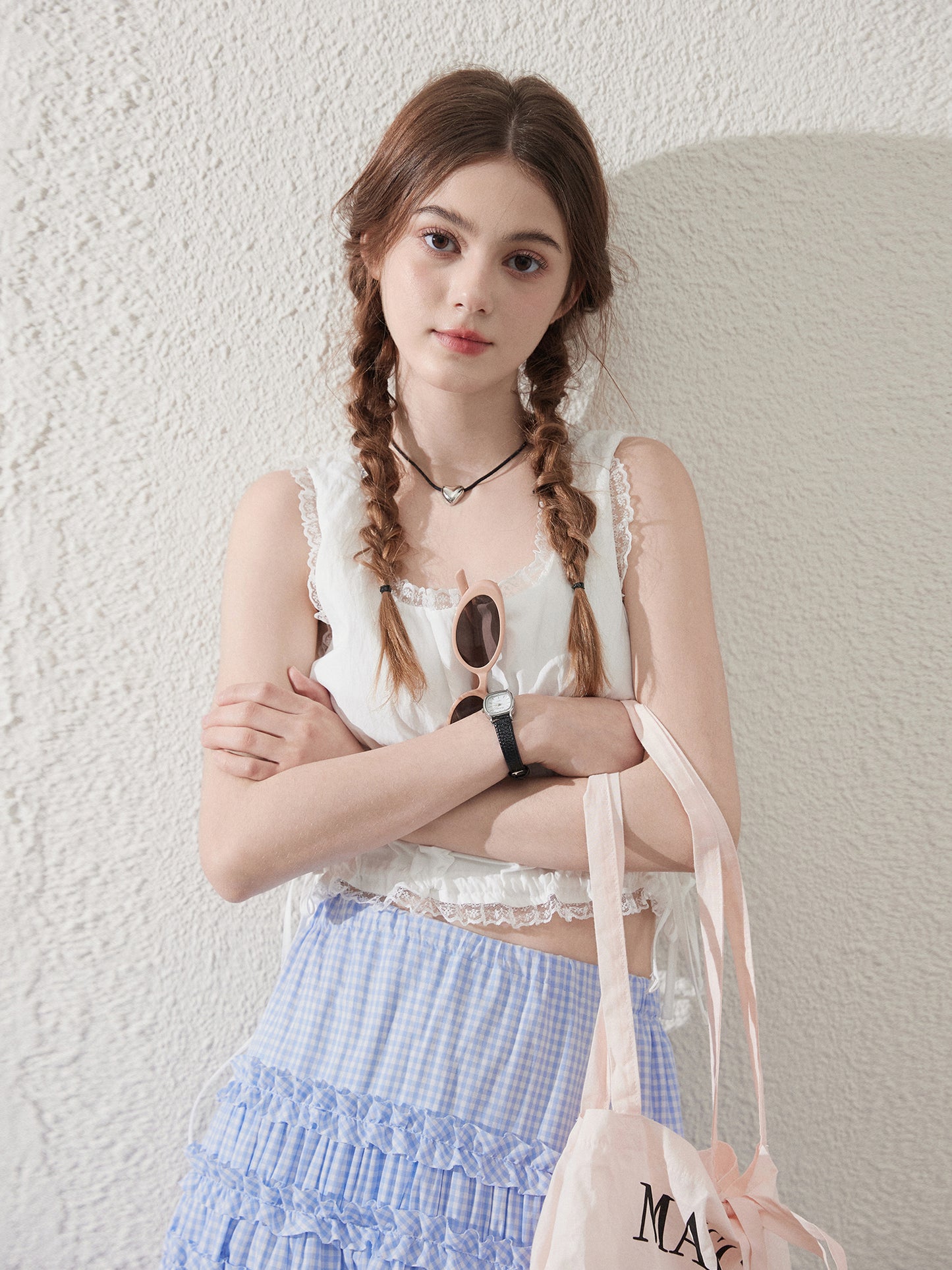 Lace Trimmed Sleeveless Ruched Crop Top
