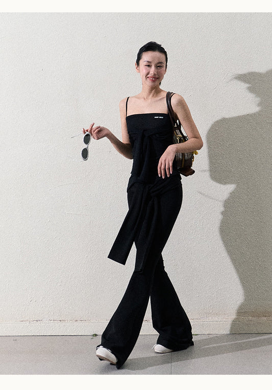 Slim Fit Tie Waist Flared Knit Pants