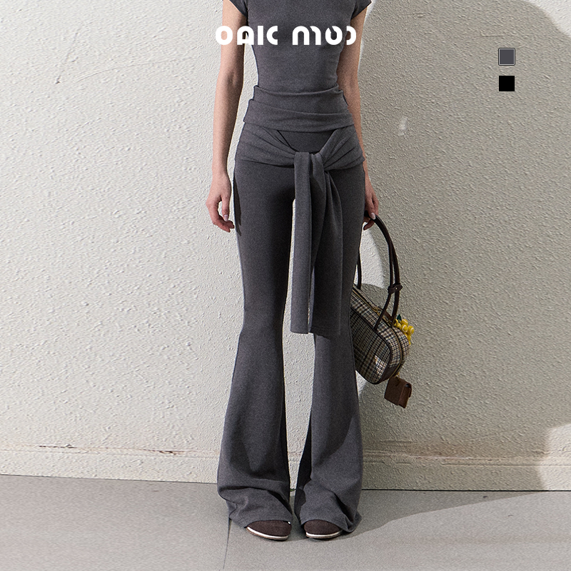 Slim Fit Tie Waist Flared Knit Pants