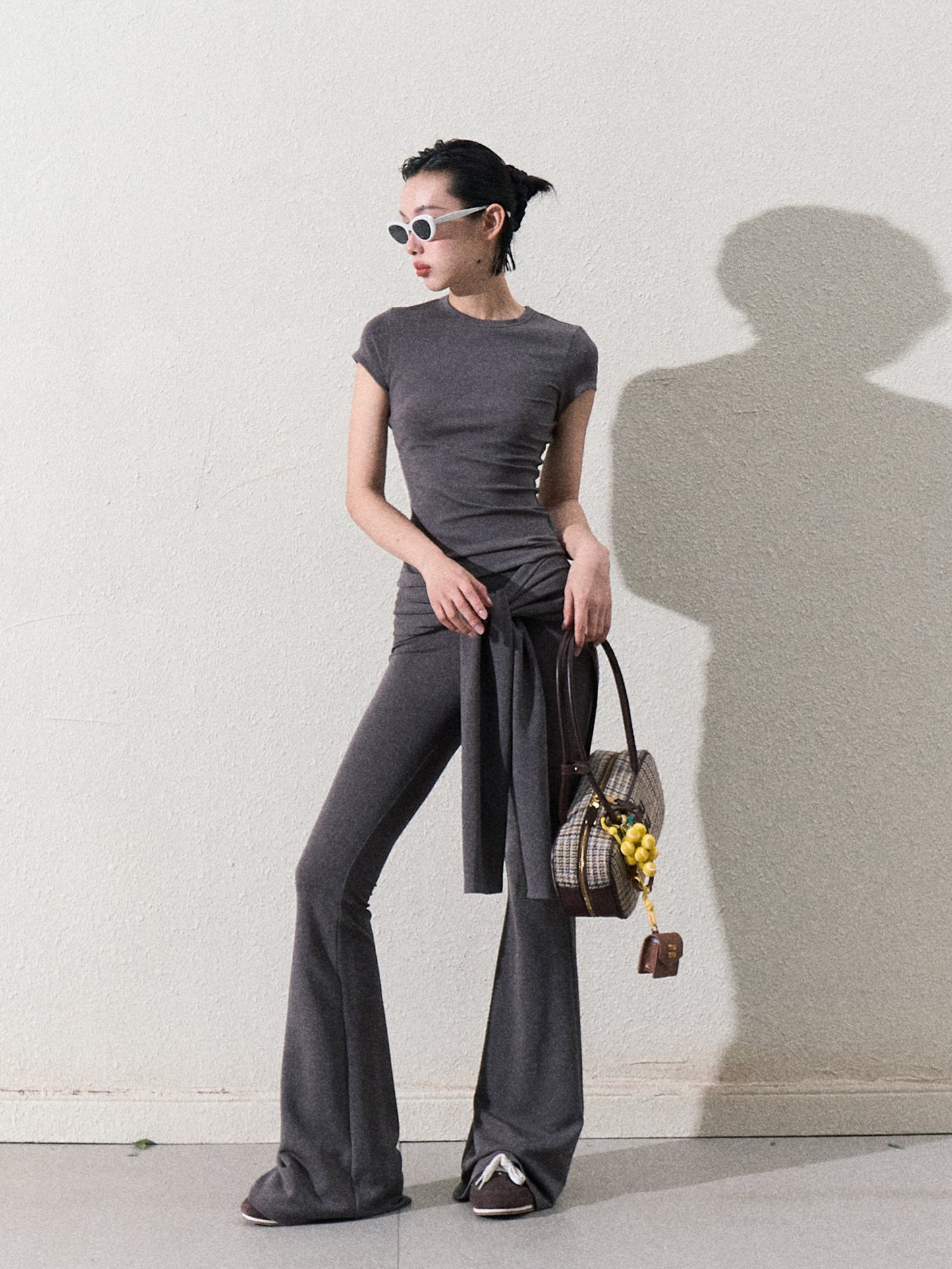 Slim Fit Tie Waist Flared Knit Pants