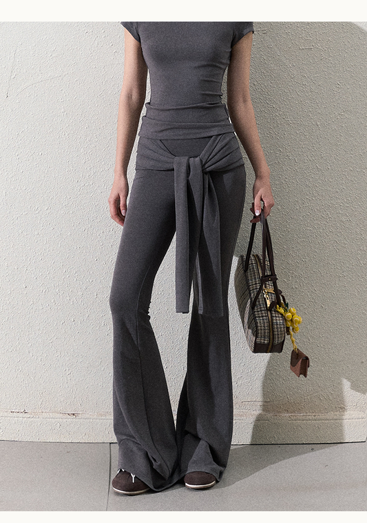 Slim Fit Tie Waist Flared Knit Pants