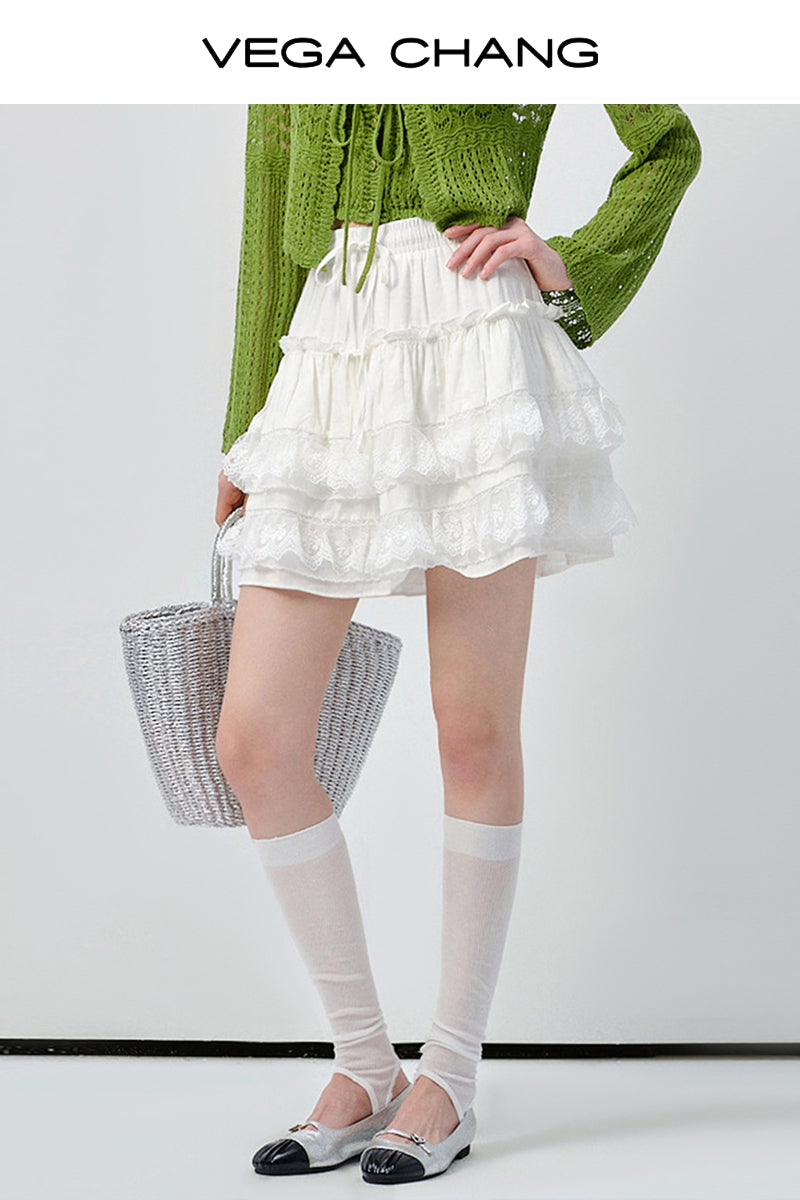 Lace Knit Top Set And Voluminous Lace Hem Skirt