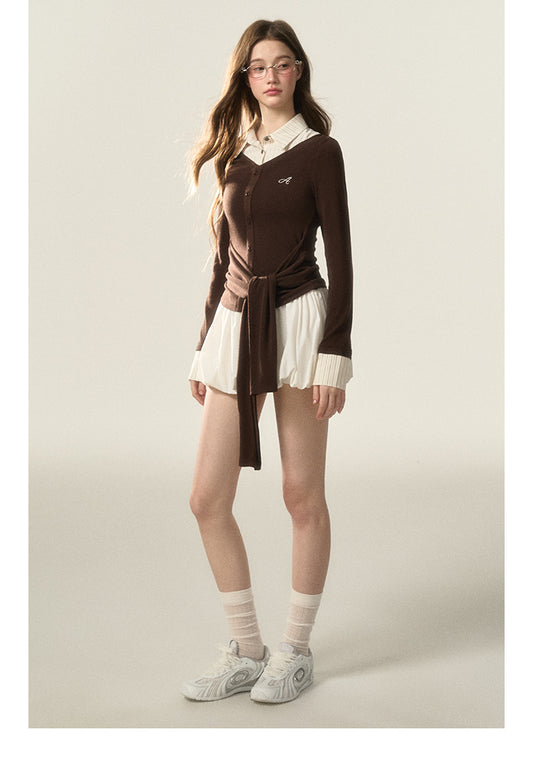 Faux Layered Knit Top With Striped Shirt Collar