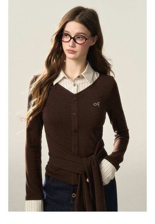 Faux Layered Knit Top With Striped Shirt Collar