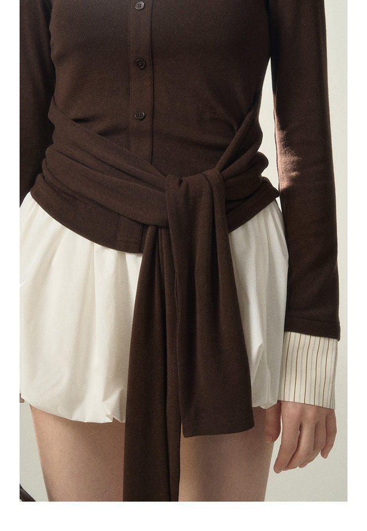 Faux Layered Knit Top With Striped Shirt Collar