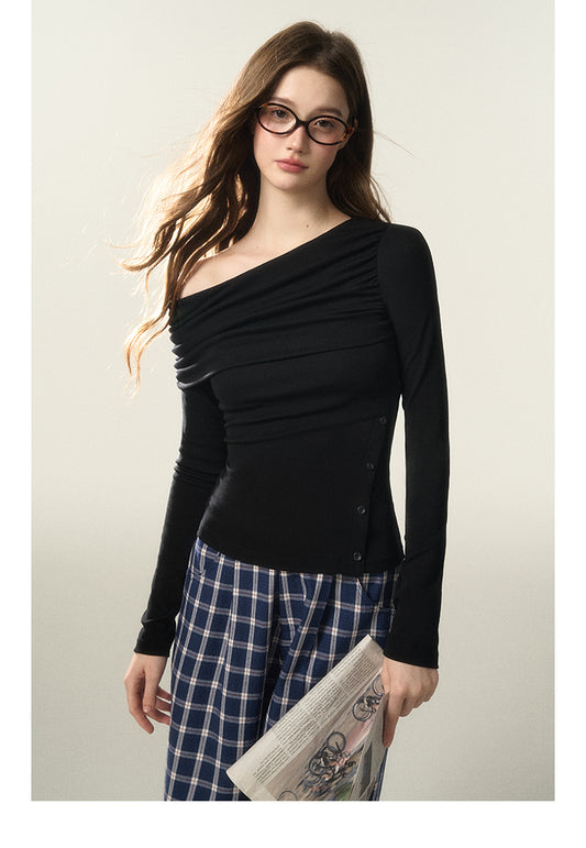 Asymmetric Buttoned One-Shoulder Top