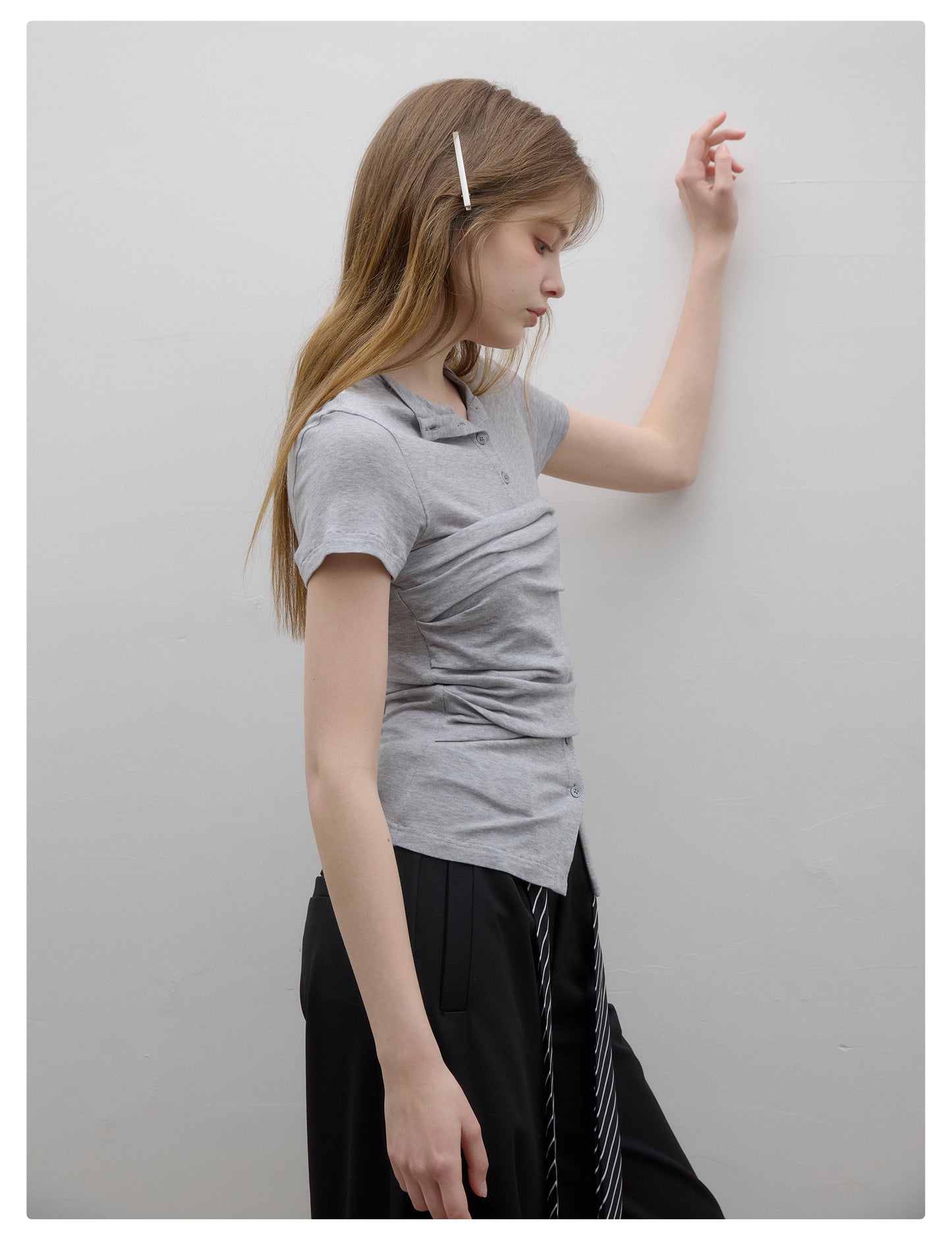 Layered Style Ruched Button-Up Top