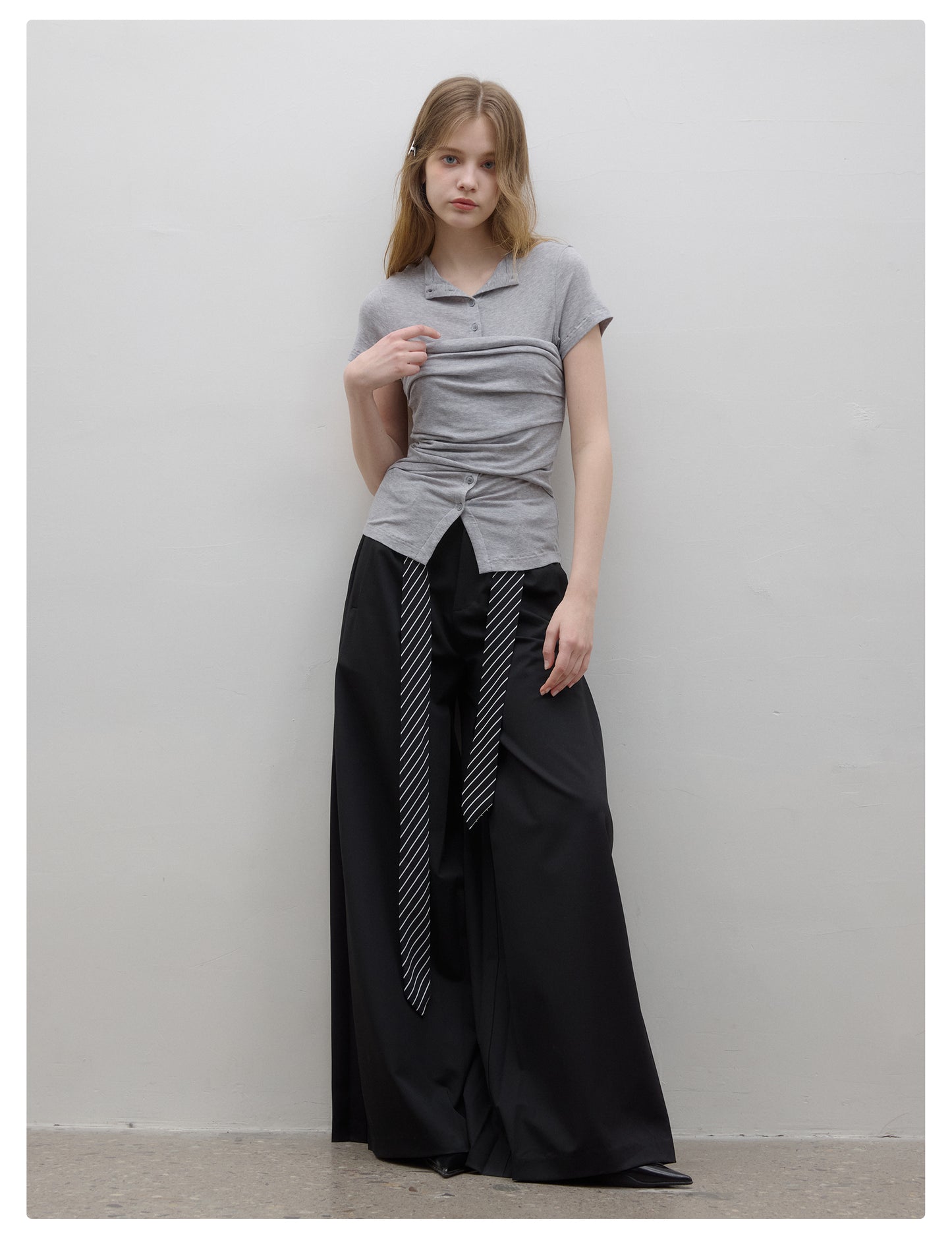 Layered Style Ruched Button-Up Top