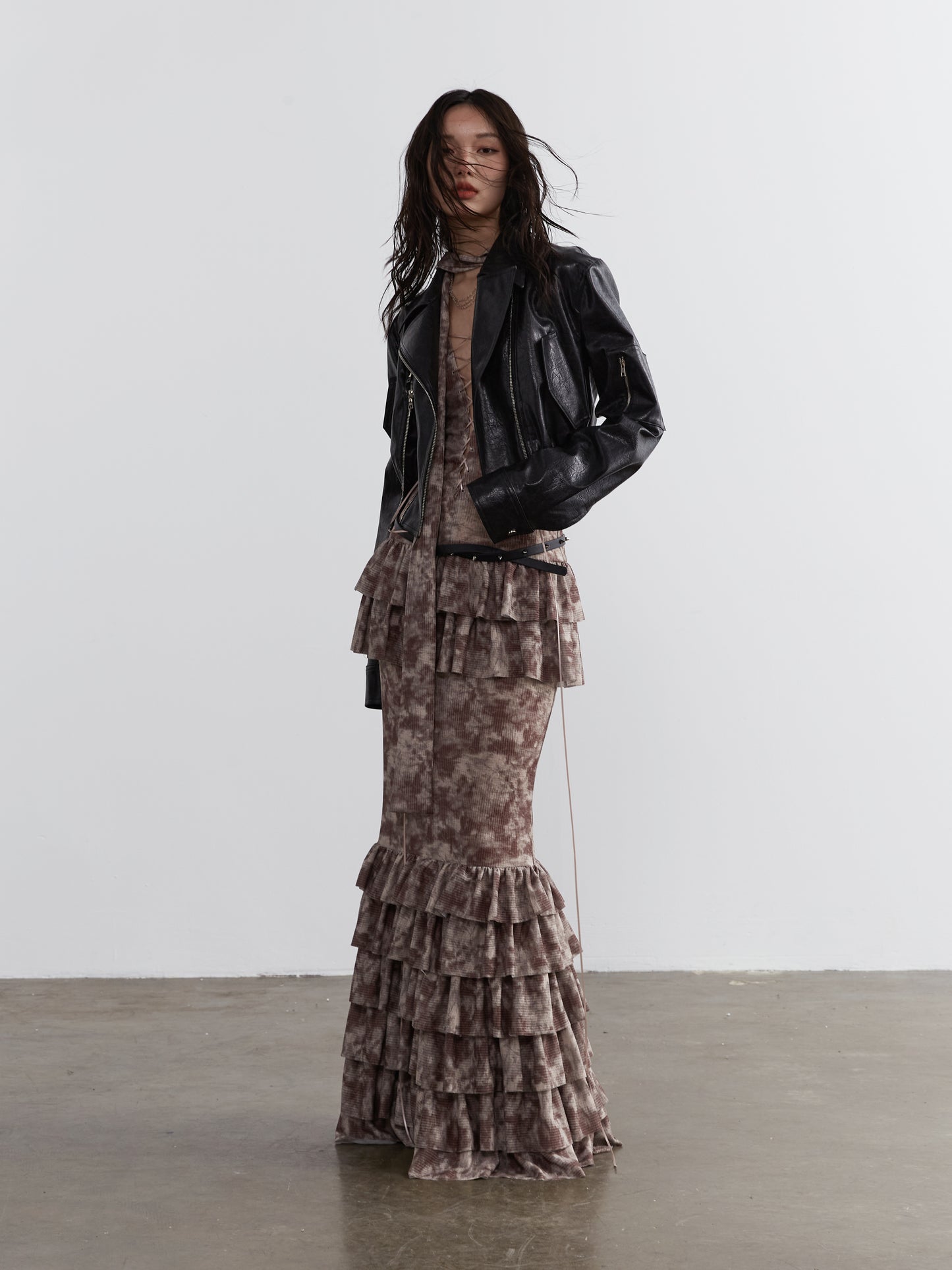 Lace-Up Maxi Dress With Ruffled Hem