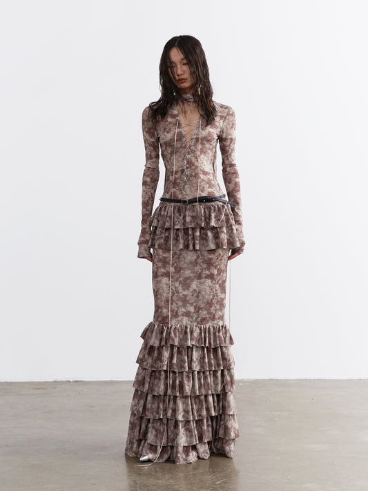 Lace-Up Maxi Dress With Ruffled Hem