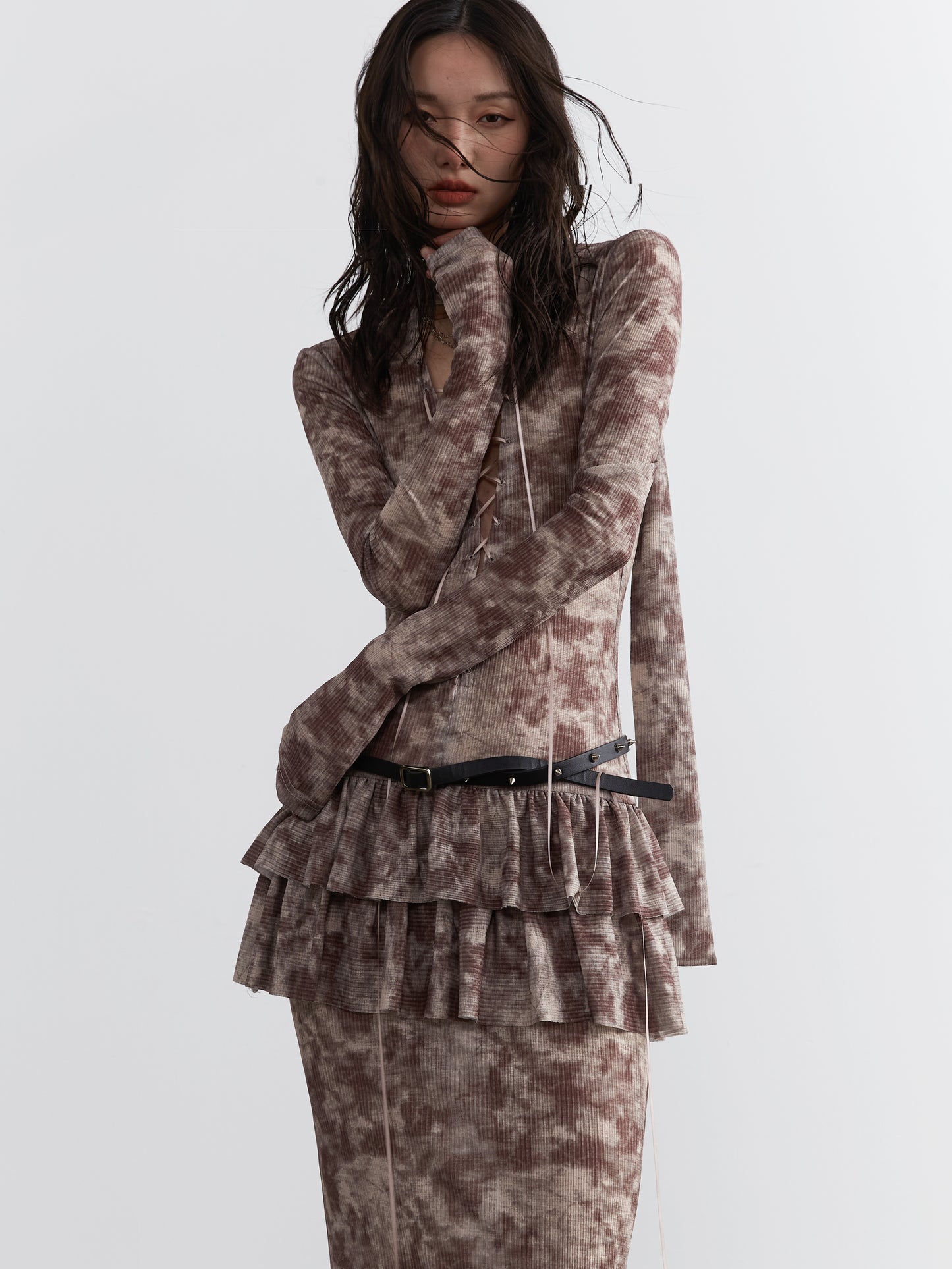 Lace-Up Maxi Dress With Ruffled Hem