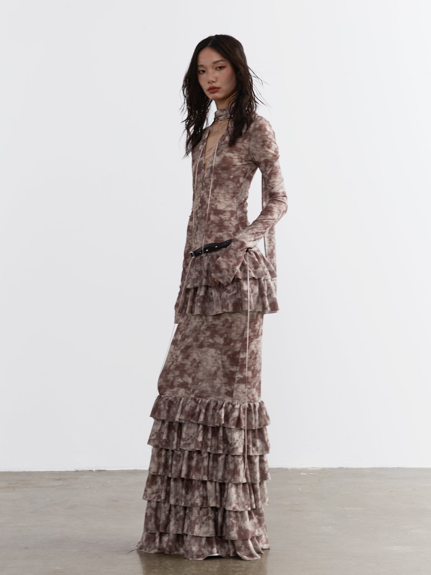 Lace-Up Maxi Dress With Ruffled Hem