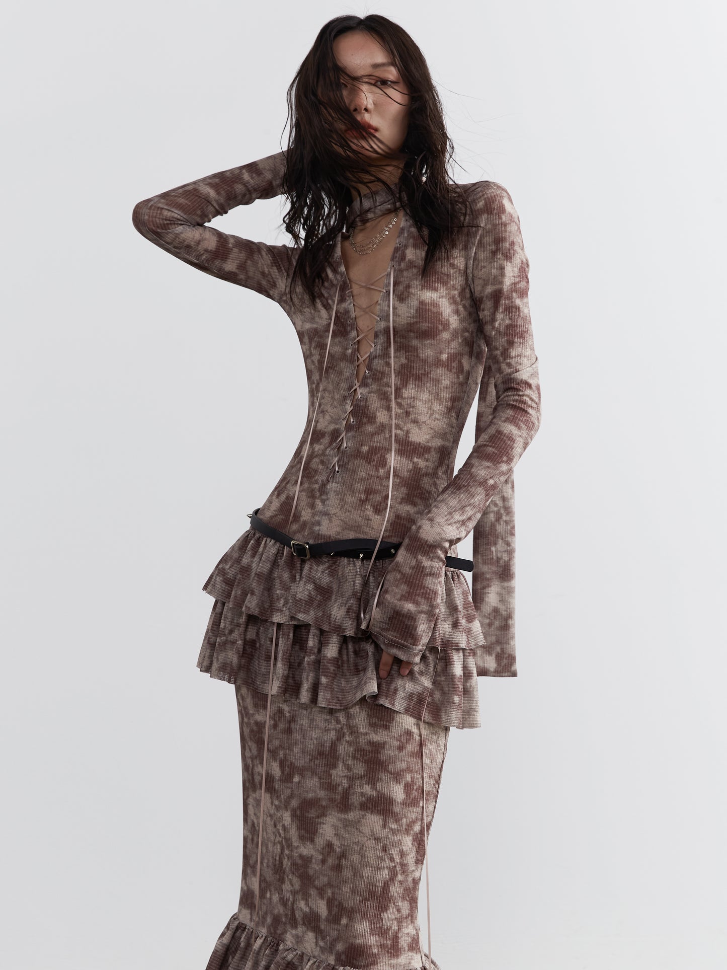 Lace-Up Maxi Dress With Ruffled Hem