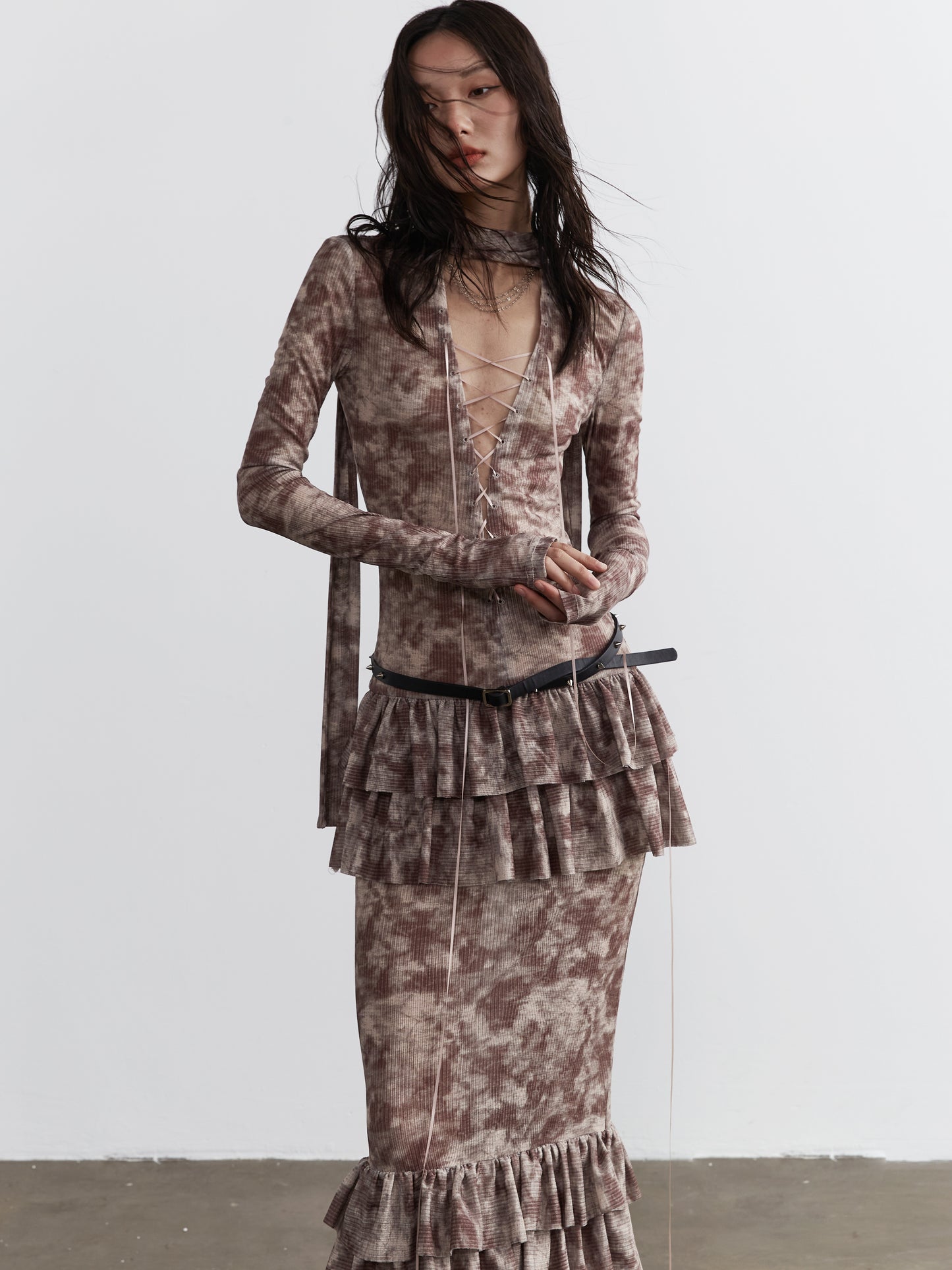 Lace-Up Maxi Dress With Ruffled Hem