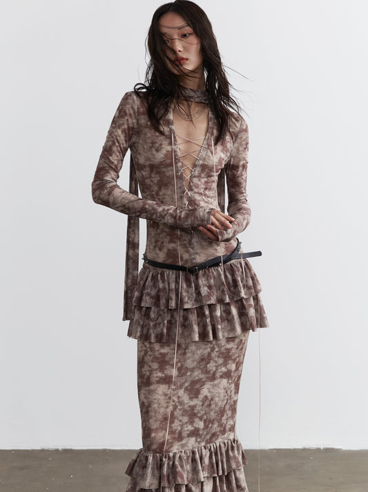 Lace-Up Maxi Dress With Ruffled Hem