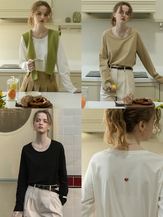 Heart Embroidered Scoop Neck Cotton T-Shirt