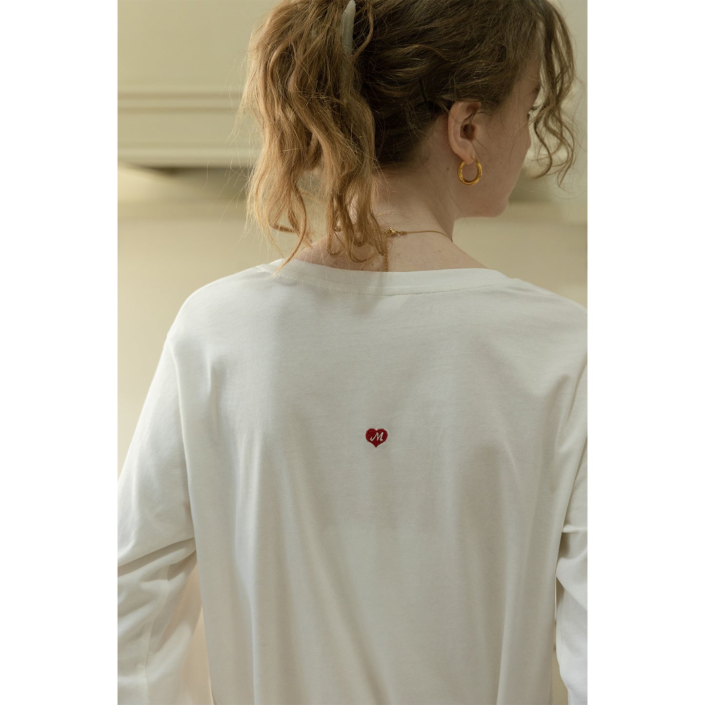 Heart Embroidered Scoop Neck Cotton T-Shirt