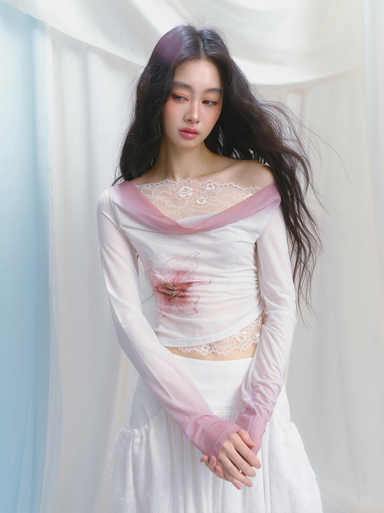 Flower Print Gradient Top With Stretch Fit