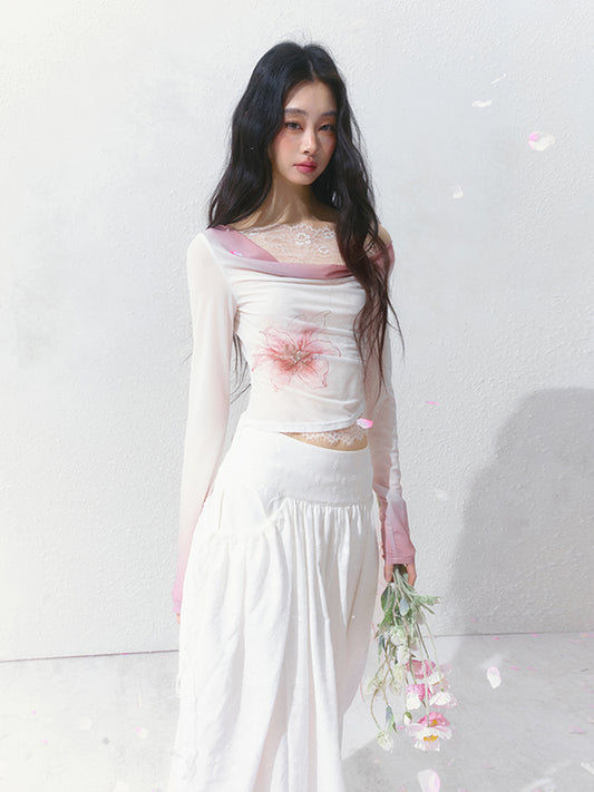 Flower Print Gradient Top With Stretch Fit