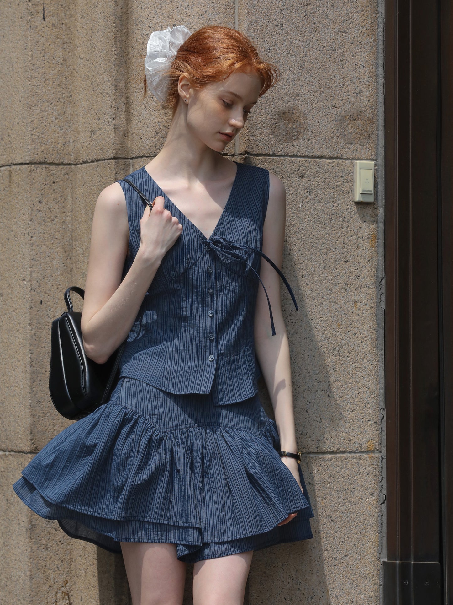 Sleeveless V-Neck Blouse & Double-Layer Yoke Skirt
