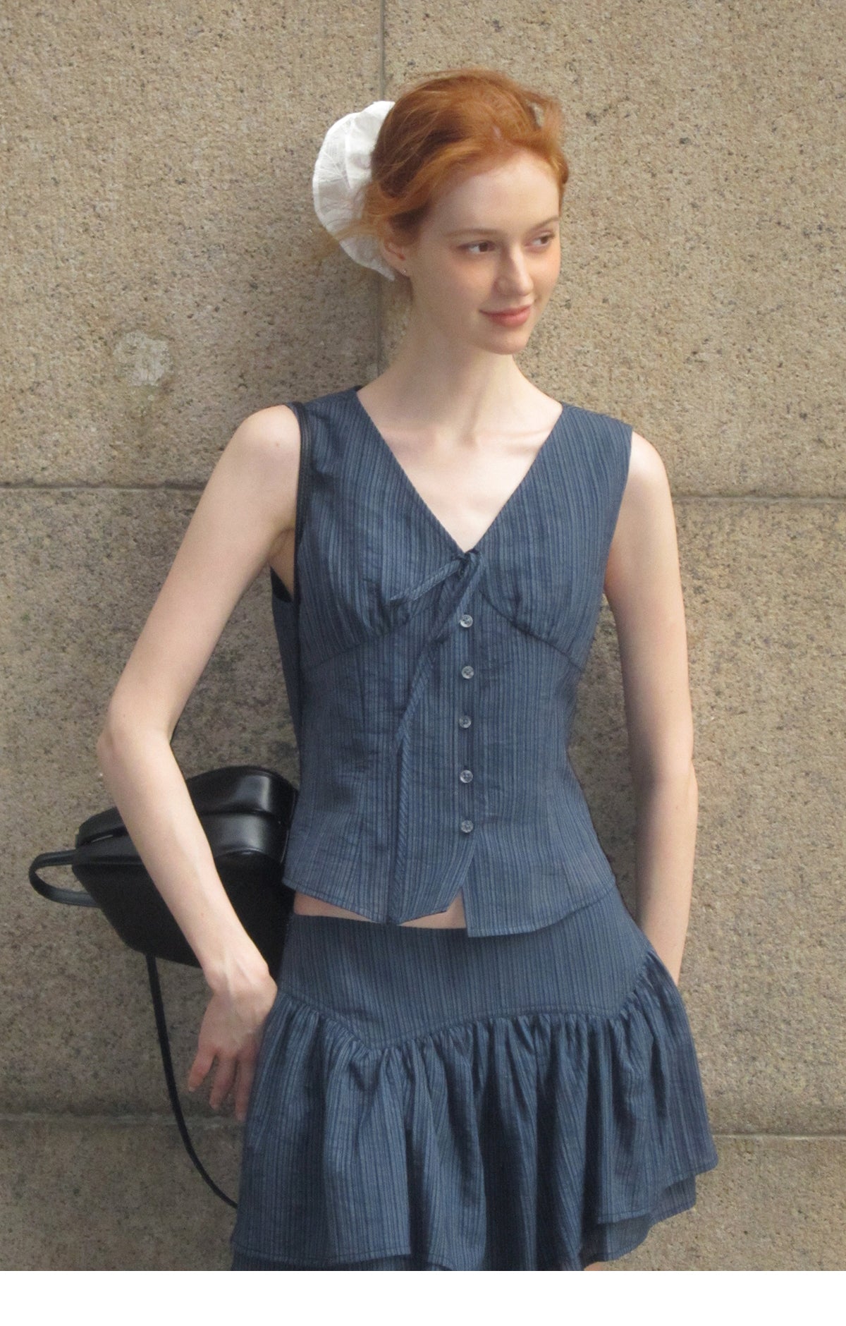 Sleeveless V-Neck Blouse & Double-Layer Yoke Skirt