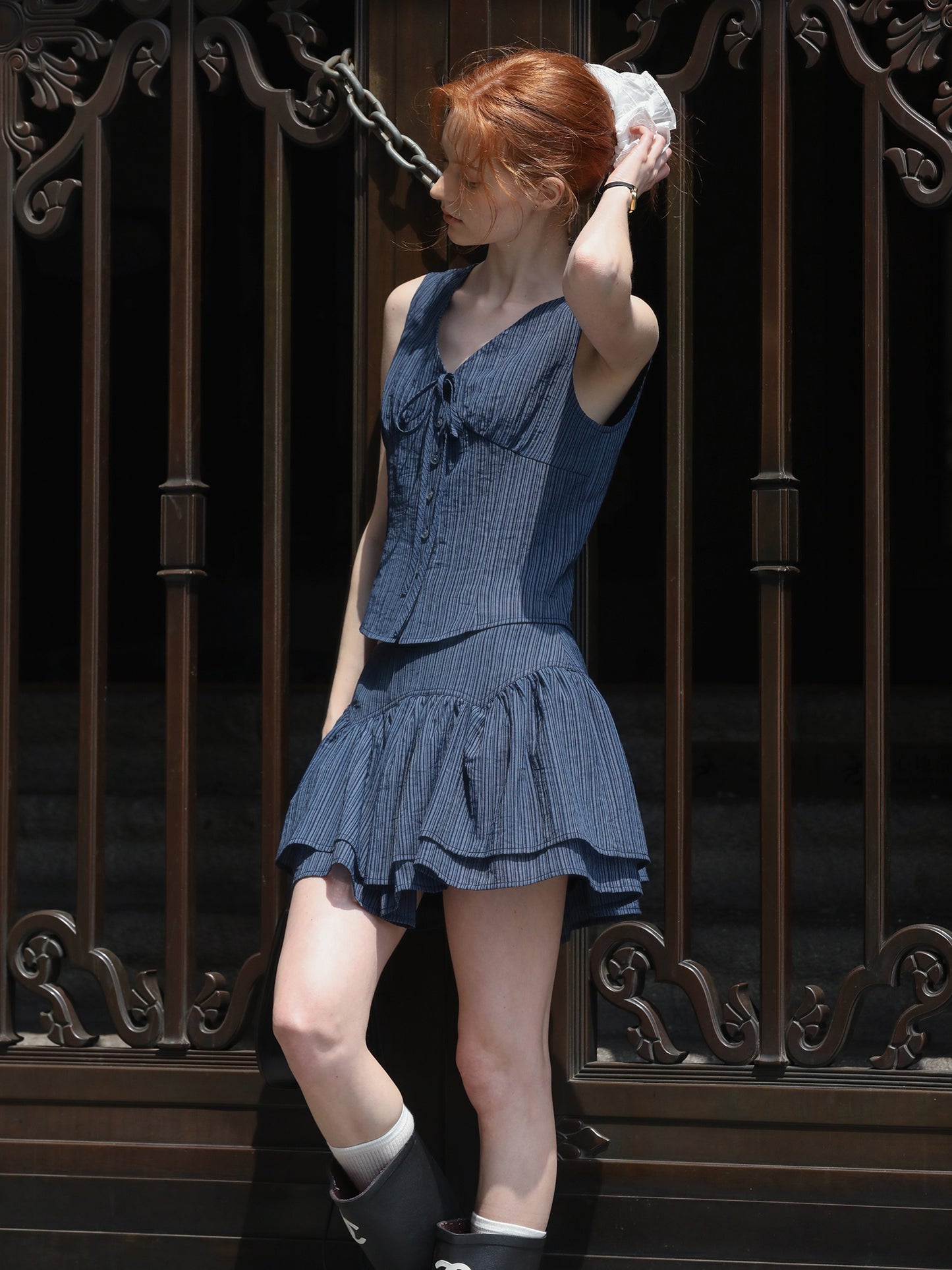 Sleeveless V-Neck Blouse & Double-Layer Yoke Skirt