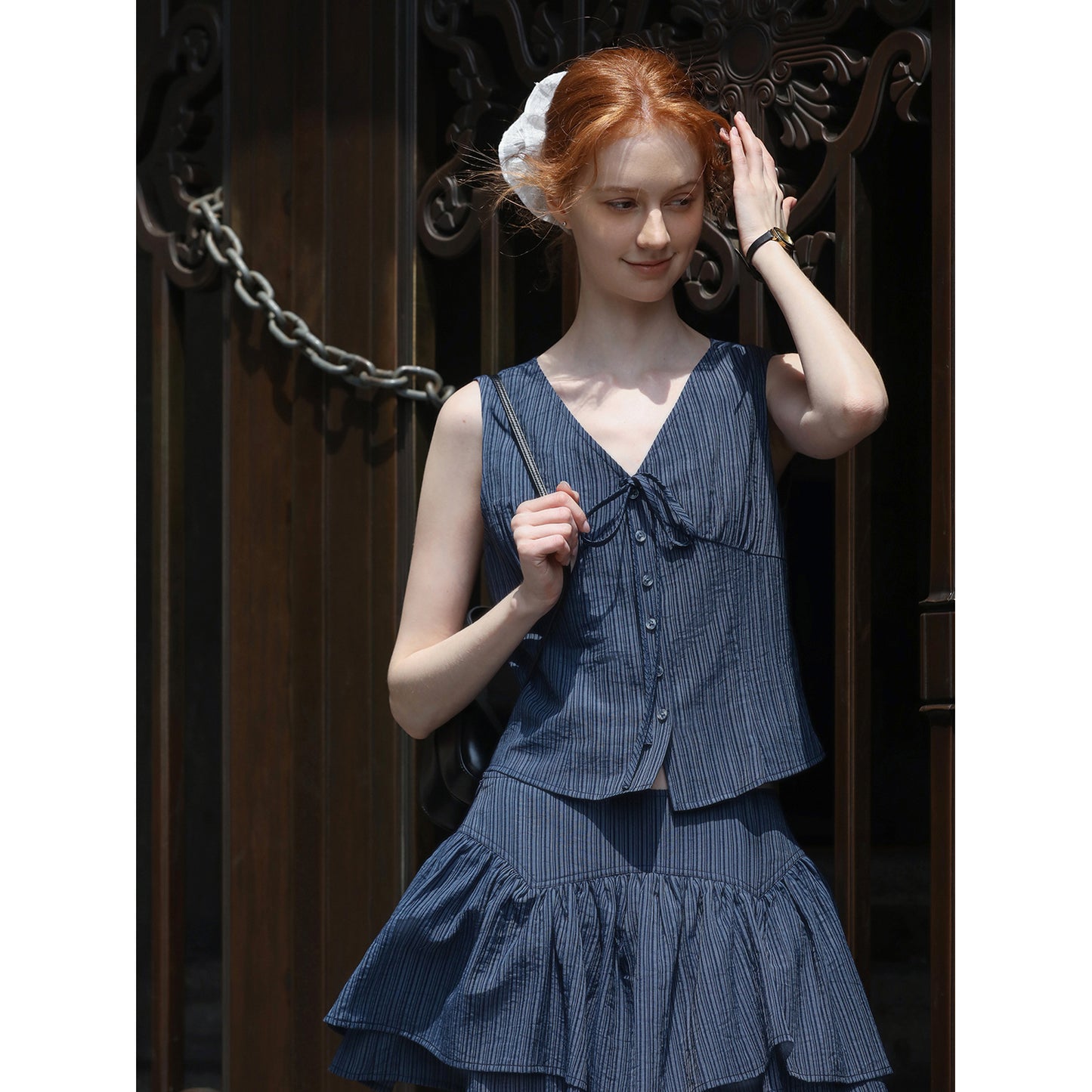 Sleeveless V-Neck Blouse & Double-Layer Yoke Skirt