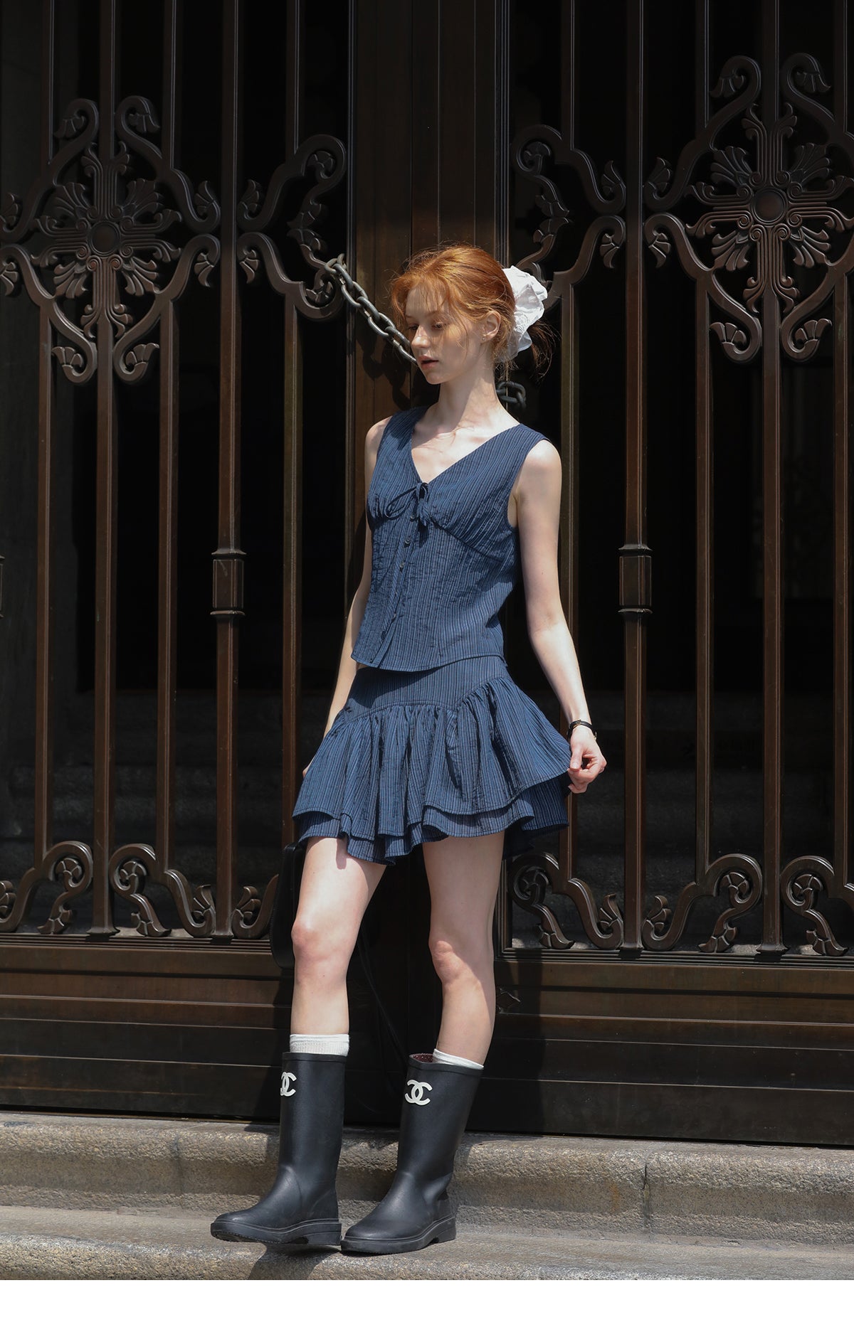 Sleeveless V-Neck Blouse & Double-Layer Yoke Skirt
