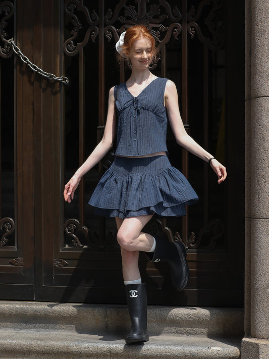 Sleeveless V-Neck Blouse & Double-Layer Yoke Skirt