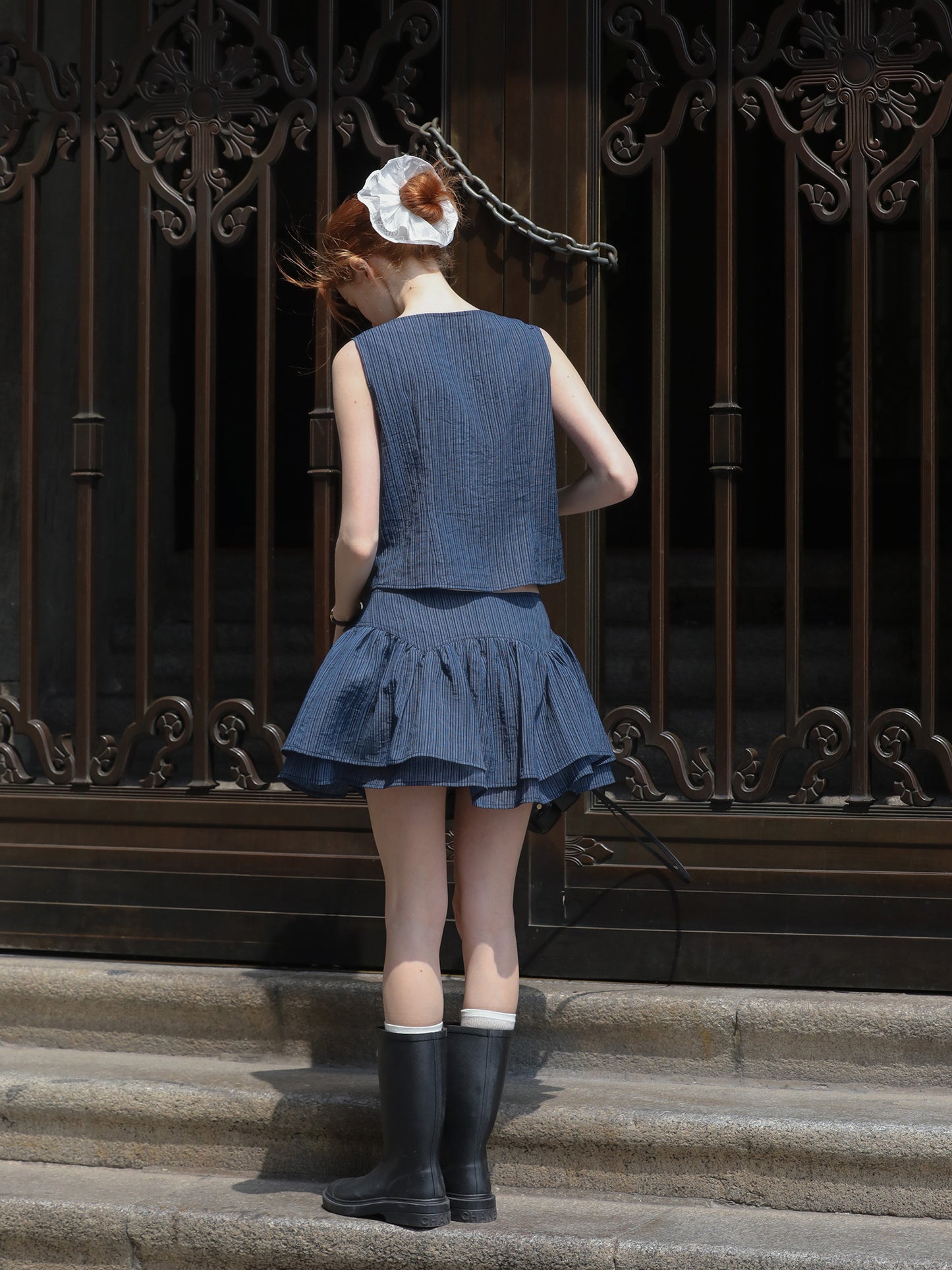 Sleeveless V-Neck Blouse & Double-Layer Yoke Skirt