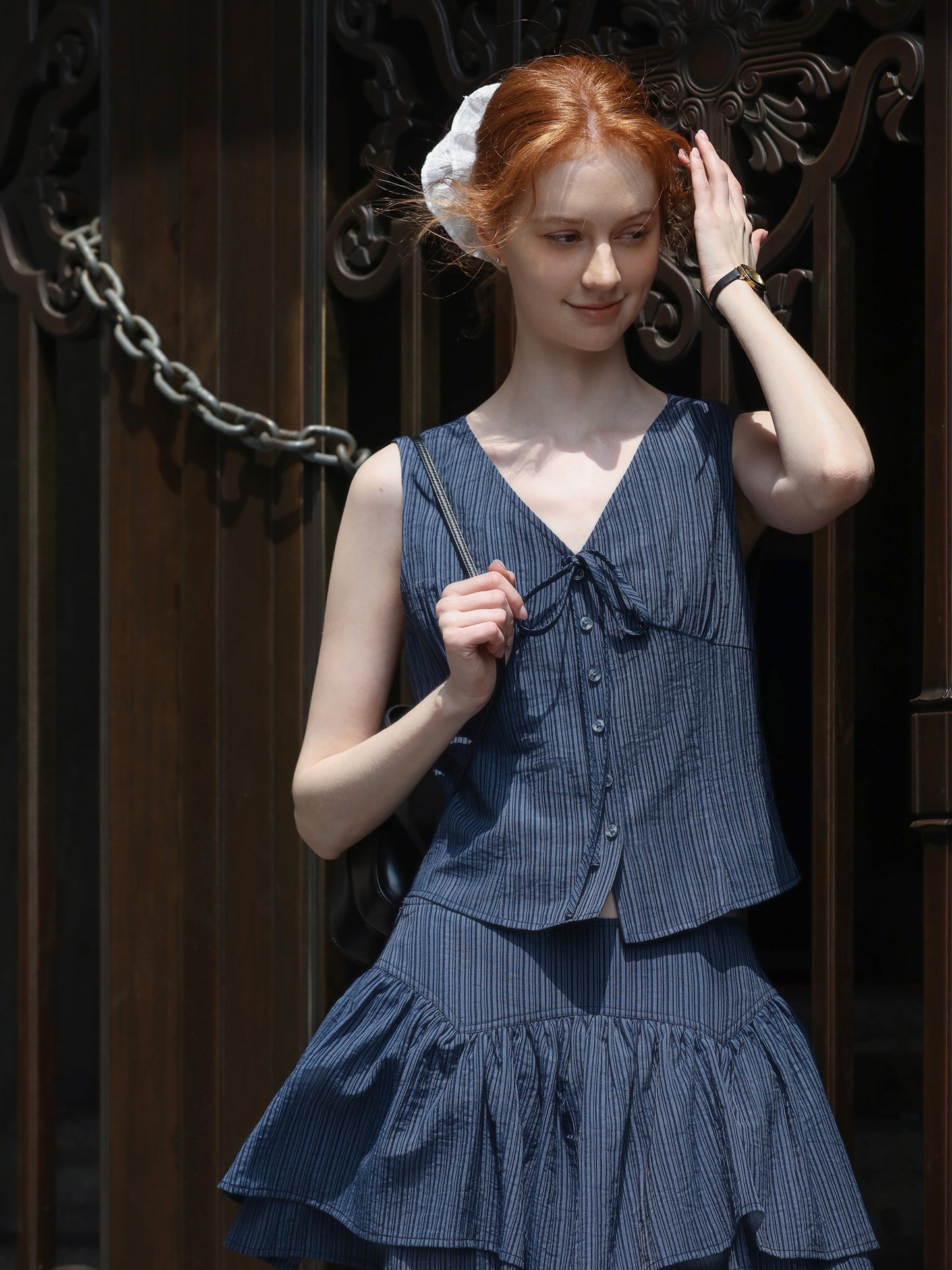 Sleeveless V-Neck Blouse & Double-Layer Yoke Skirt