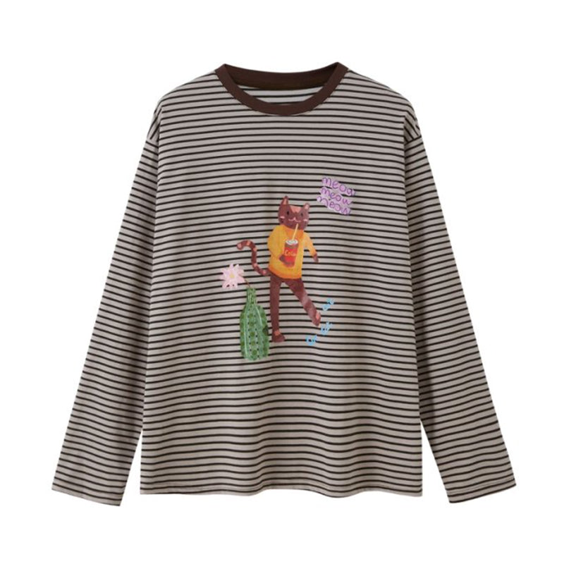 Cat And Coke Print Striped Tee