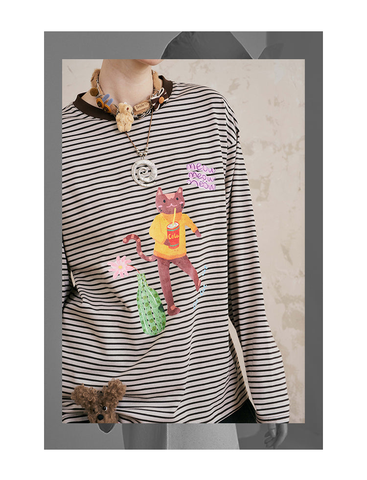 Cat And Coke Print Striped Tee