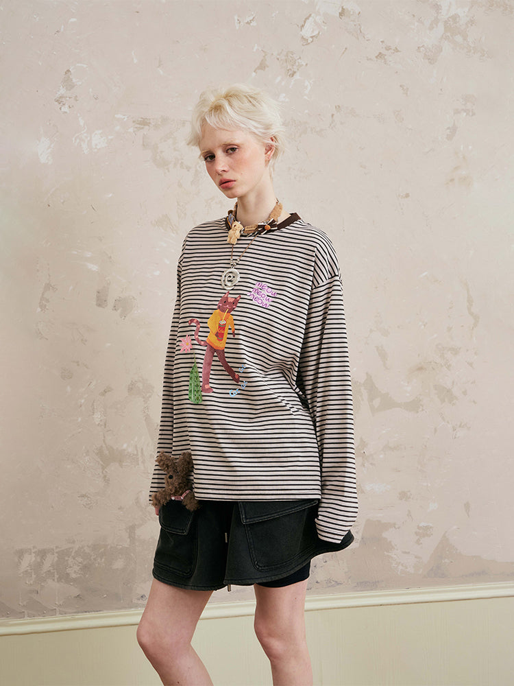 Cat And Coke Print Striped Tee