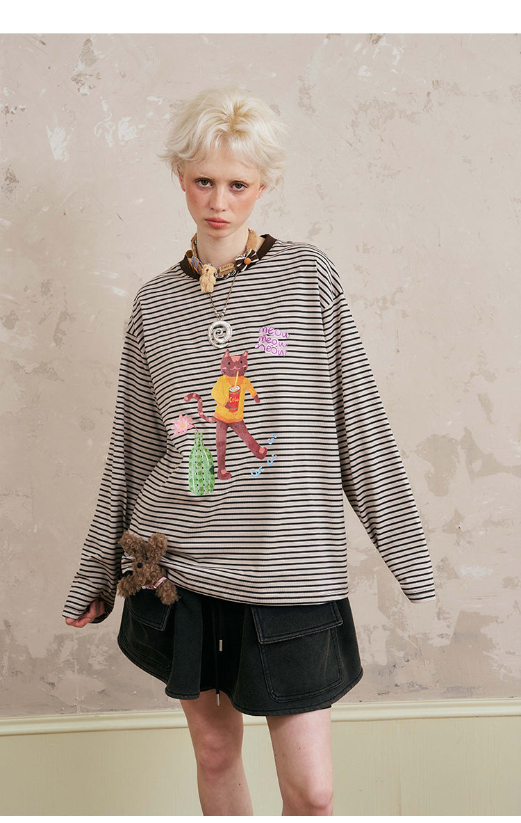 Cat And Coke Print Striped Tee