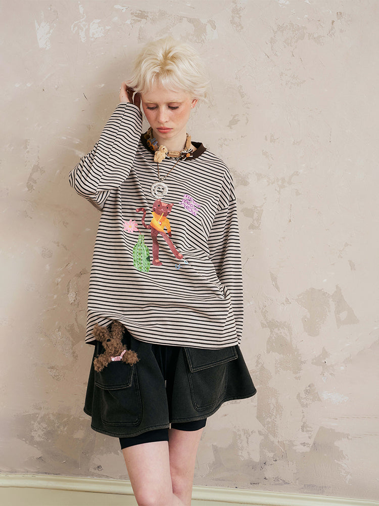 Cat And Coke Print Striped Tee