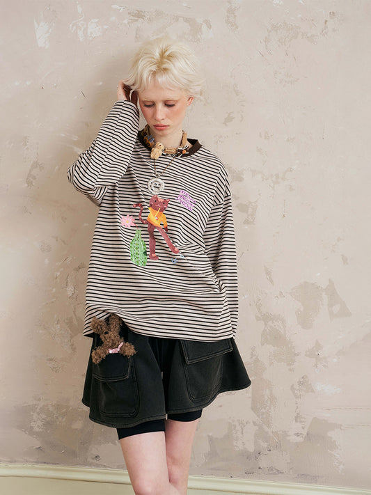 Cat And Coke Print Striped Tee