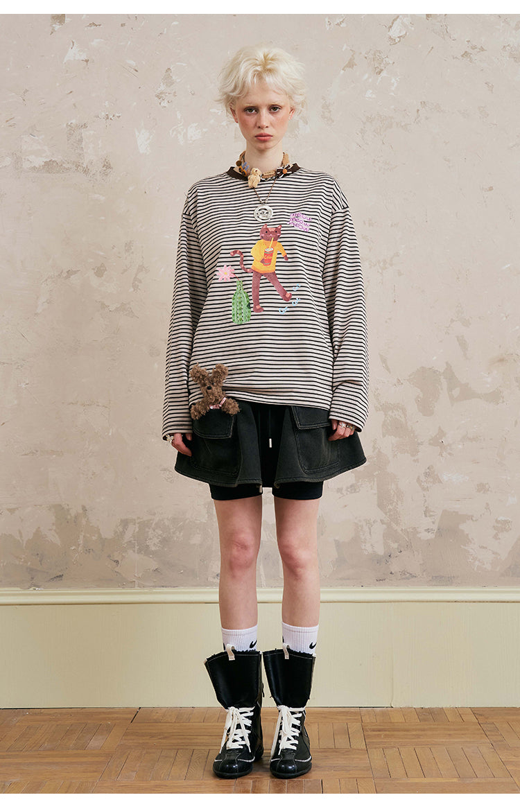 Cat And Coke Print Striped Tee