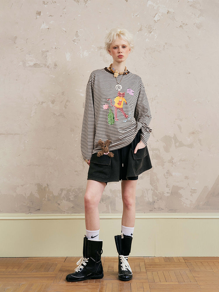 Cat And Coke Print Striped Tee