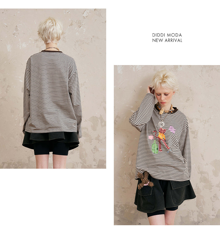 Cat And Coke Print Striped Tee