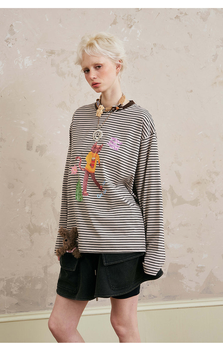 Cat And Coke Print Striped Tee