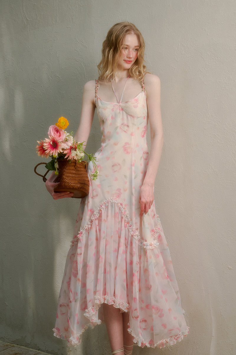 Floral Ruffle-Trimmed Cami Dress With Halter Strap