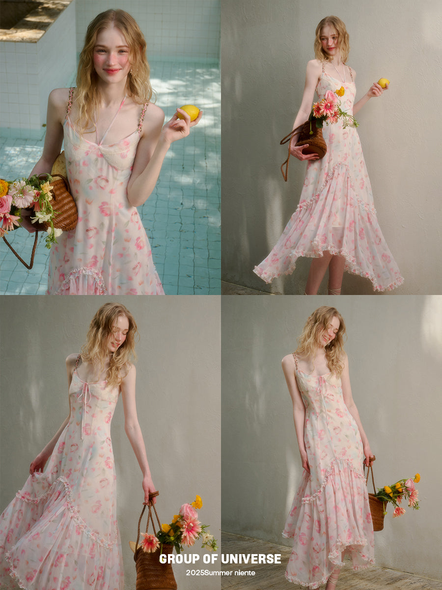 Floral Ruffle-Trimmed Cami Dress With Halter Strap