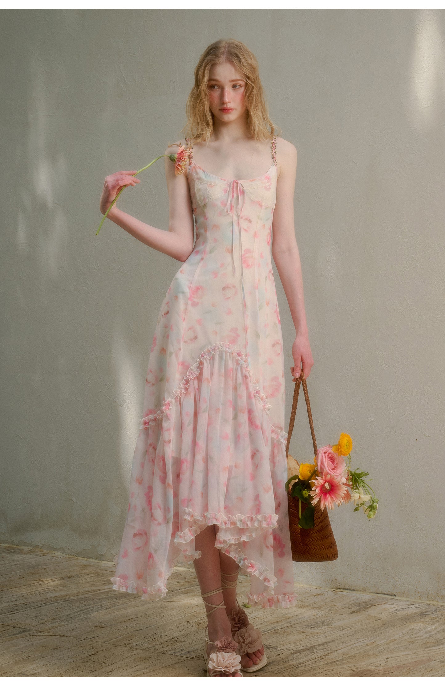 Floral Ruffle-Trimmed Cami Dress With Halter Strap