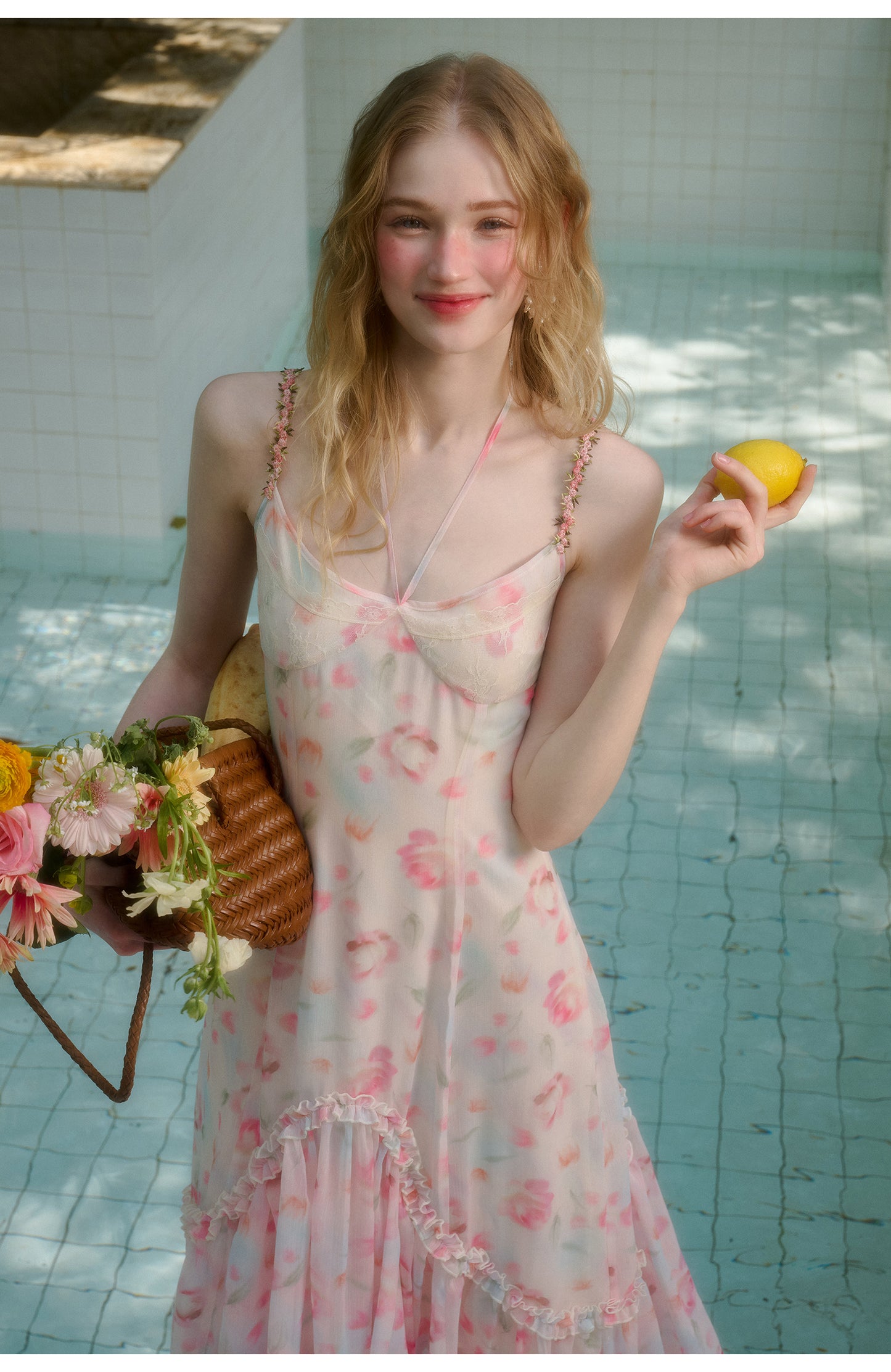 Floral Ruffle-Trimmed Cami Dress With Halter Strap